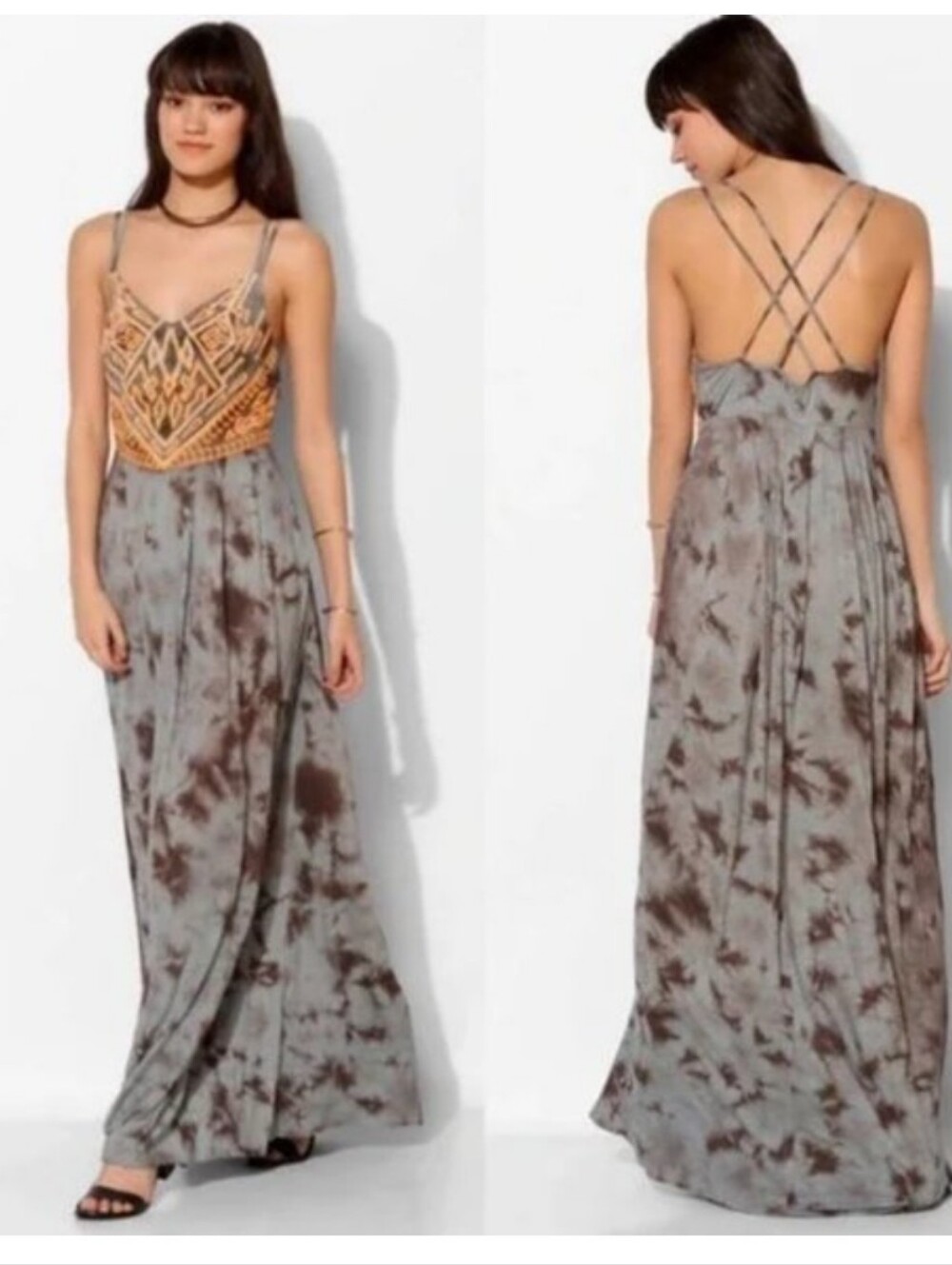 UO - Ecoté Embroidered Bodice Tie-Dye Maxi Dress in Gray and Orange Size Medium